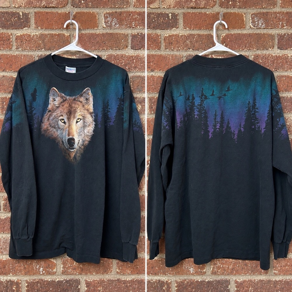Vintage 90s Wolf Northern Lights Long Sleeve Shirt XL Made USA Gorpcore Western